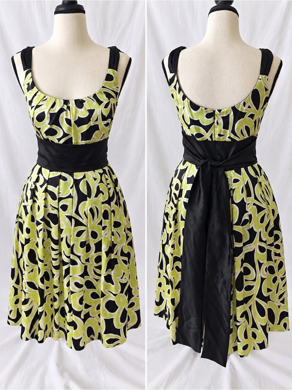 Maggy London Black and Chartreuse Floral Fit-and-Flare Midi Dress